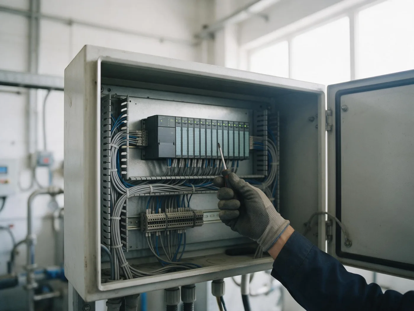 A gloved hand with a screwdriver at an open control cabinet holding a PLC rack and neatly dressed wiring