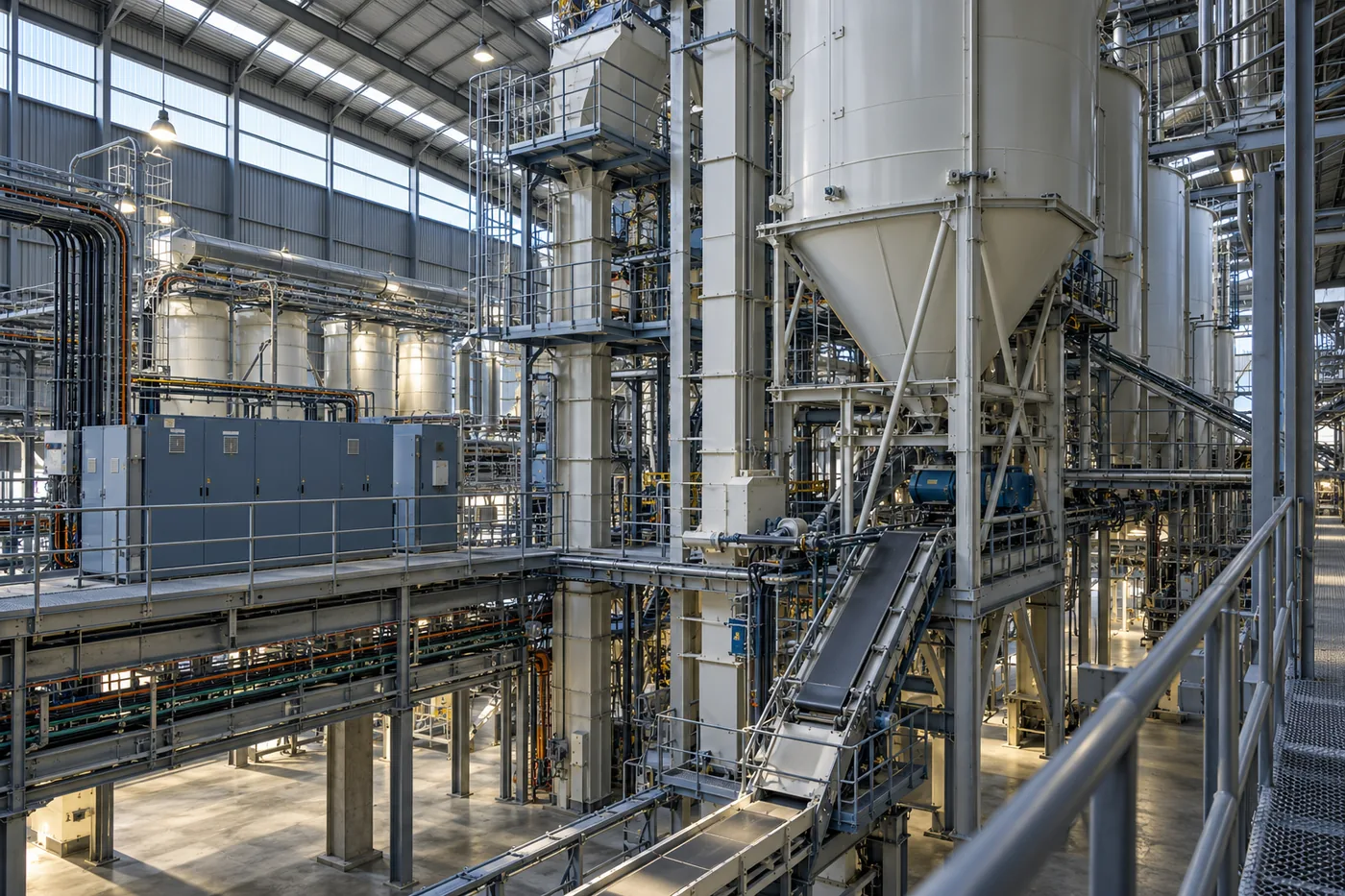 Elevated view across an industrial process area with conveyors, vessels, cable trays and electrical cabinets