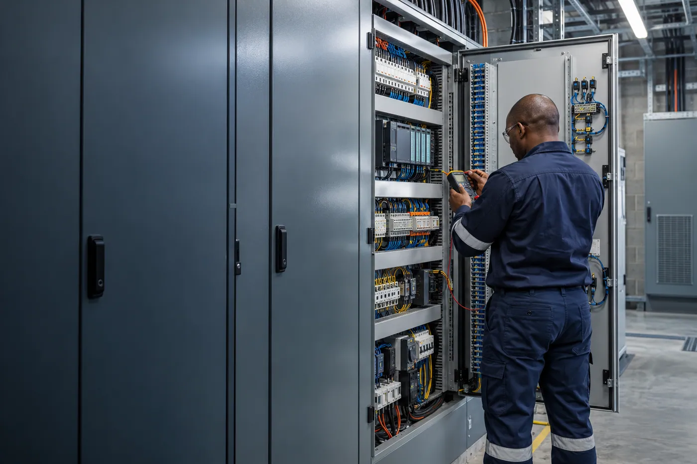 An adult engineer testing a control panel in an industrial electrical room