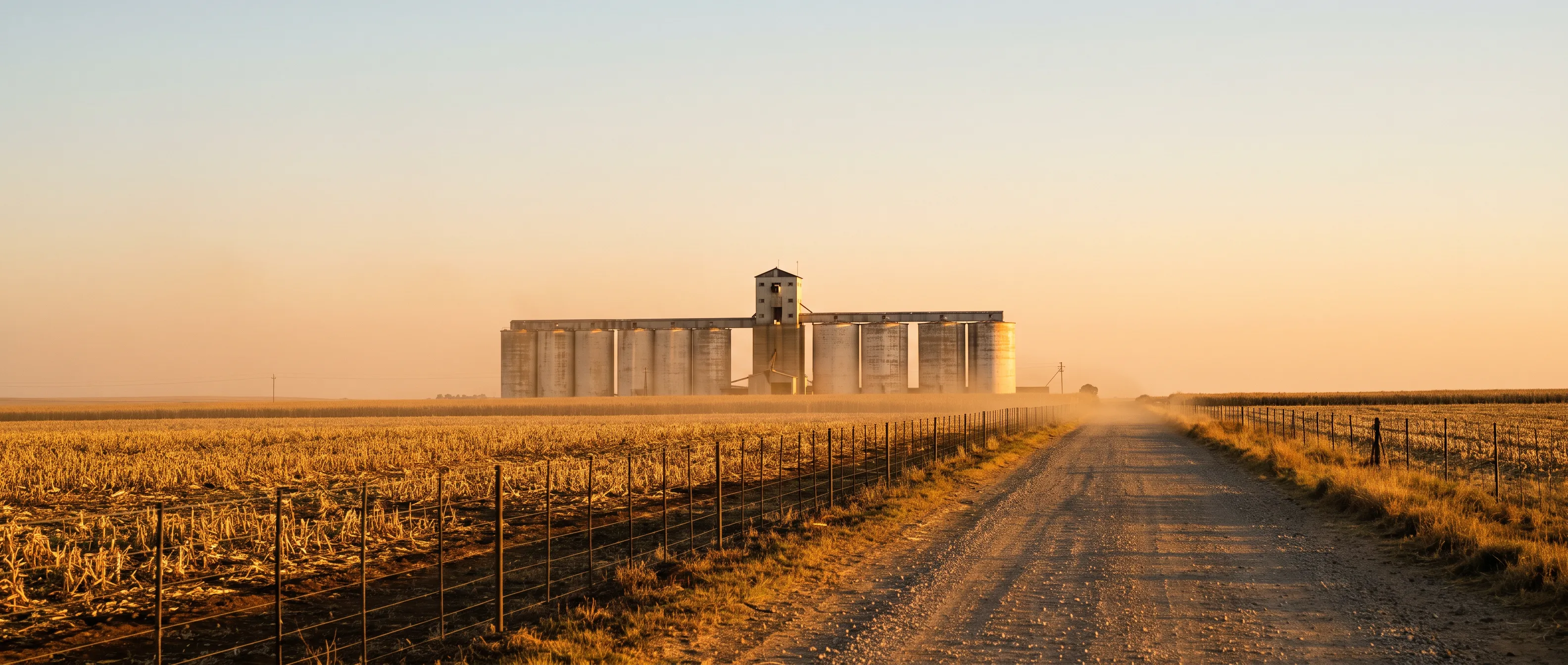 A long row of pale concrete grain silos with a tall headhouse stands on the flat Highveld at golden hour, a gravel road and a wire fence leading toward it across harvested maize fields