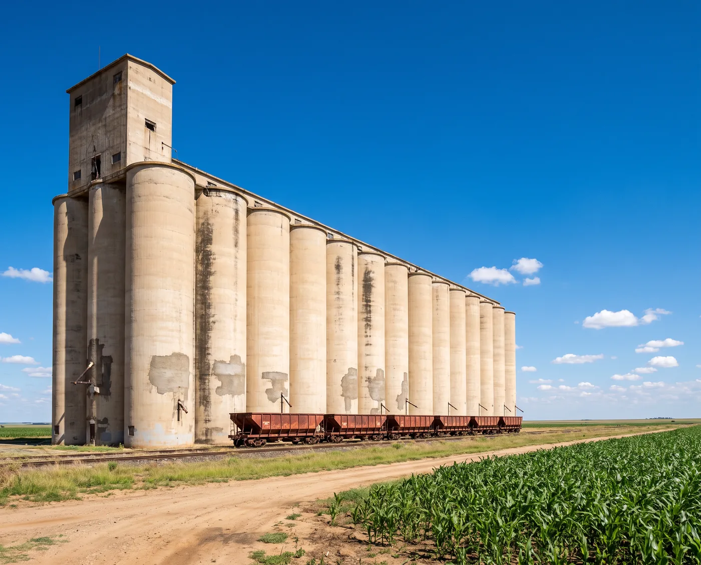 A long row of pale concrete grain silos with a tall headhouse, hopper wagons at the base and a maize field in front