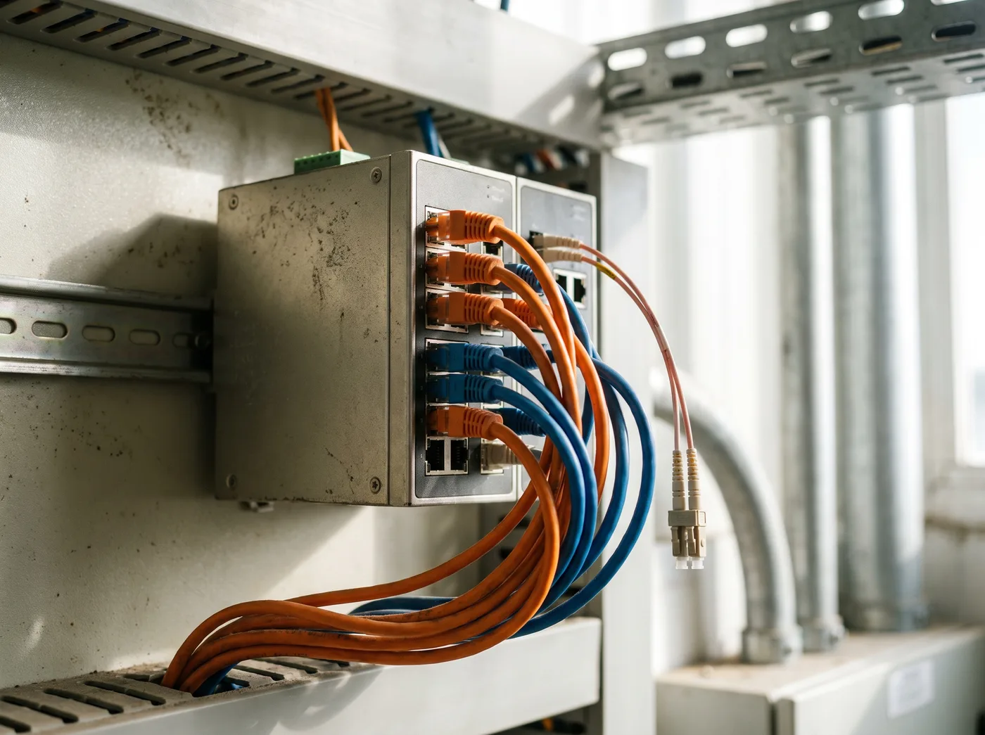 An industrial Ethernet switch on a DIN rail with orange and blue patch cables and a fibre-optic cable