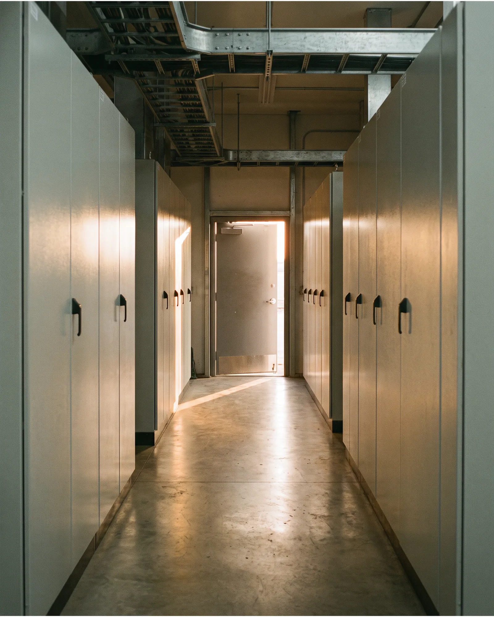 An aisle of closed light-grey electrical panels with a door open at the far end