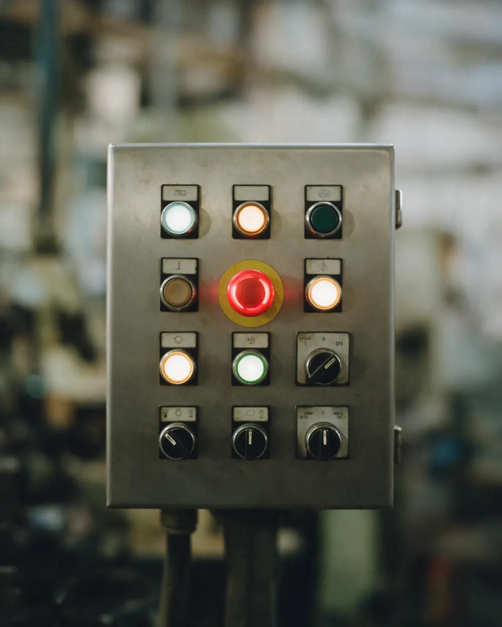 A steel operator panel with illuminated push buttons, selector switches and a red emergency stop