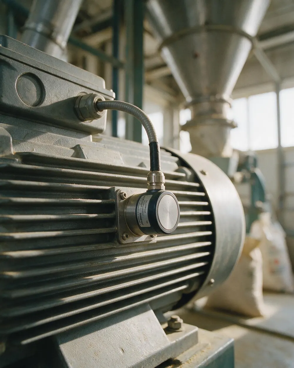 A vibration sensor with armoured cable mounted on the housing of an electric motor in a feed mill