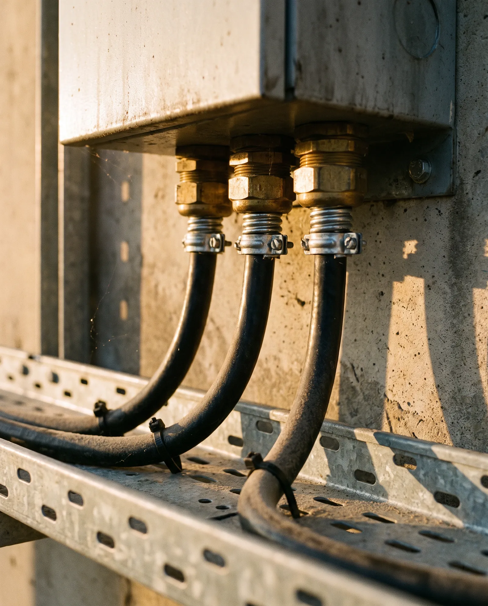 Three armoured cables entering brass cable glands on the underside of a junction box