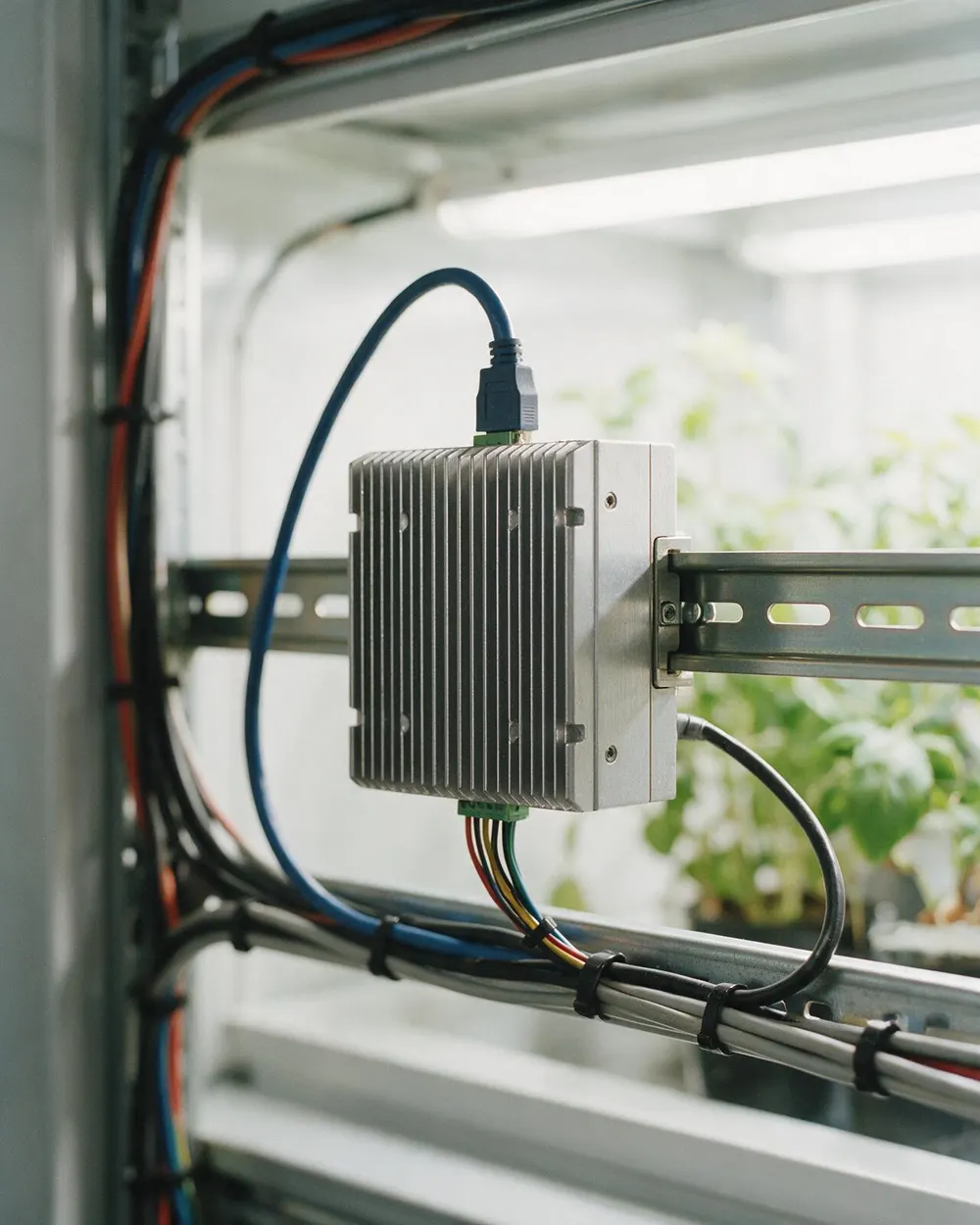A fanless industrial computer with a finned aluminium case on a DIN rail inside a cabinet