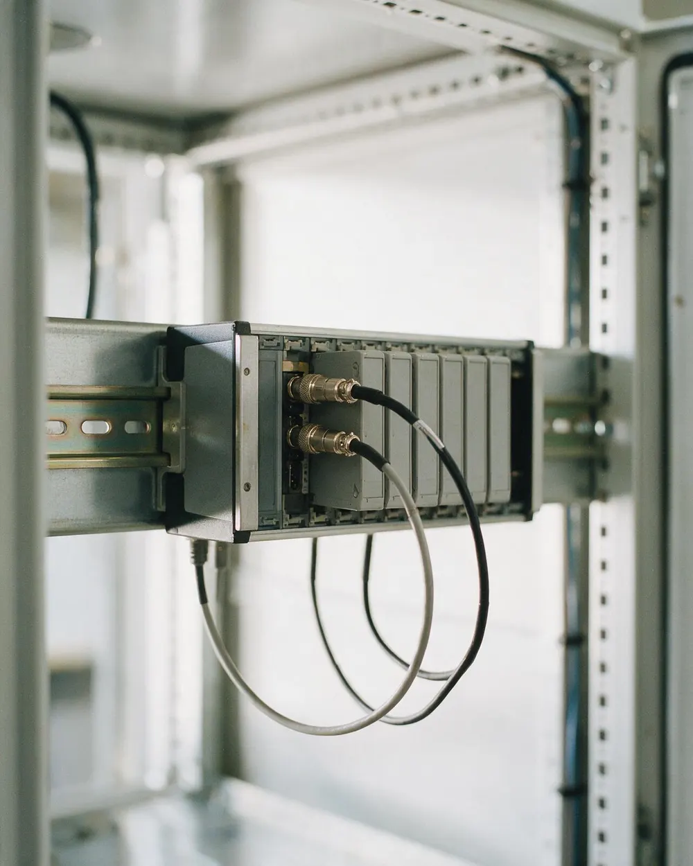 A modular data acquisition chassis on a DIN rail with sensor cables