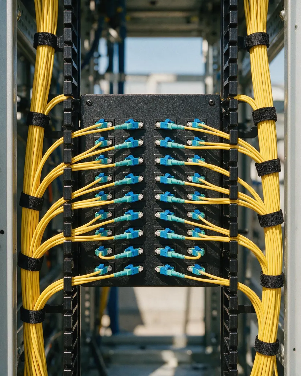 A fibre-optic patch panel with yellow jumpers neatly dressed in a plant cabinet