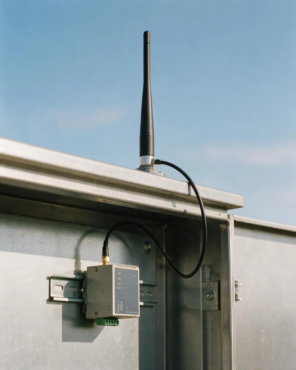 An industrial GSM modem on a DIN rail with a coaxial cable to an antenna on top of a steel cabinet