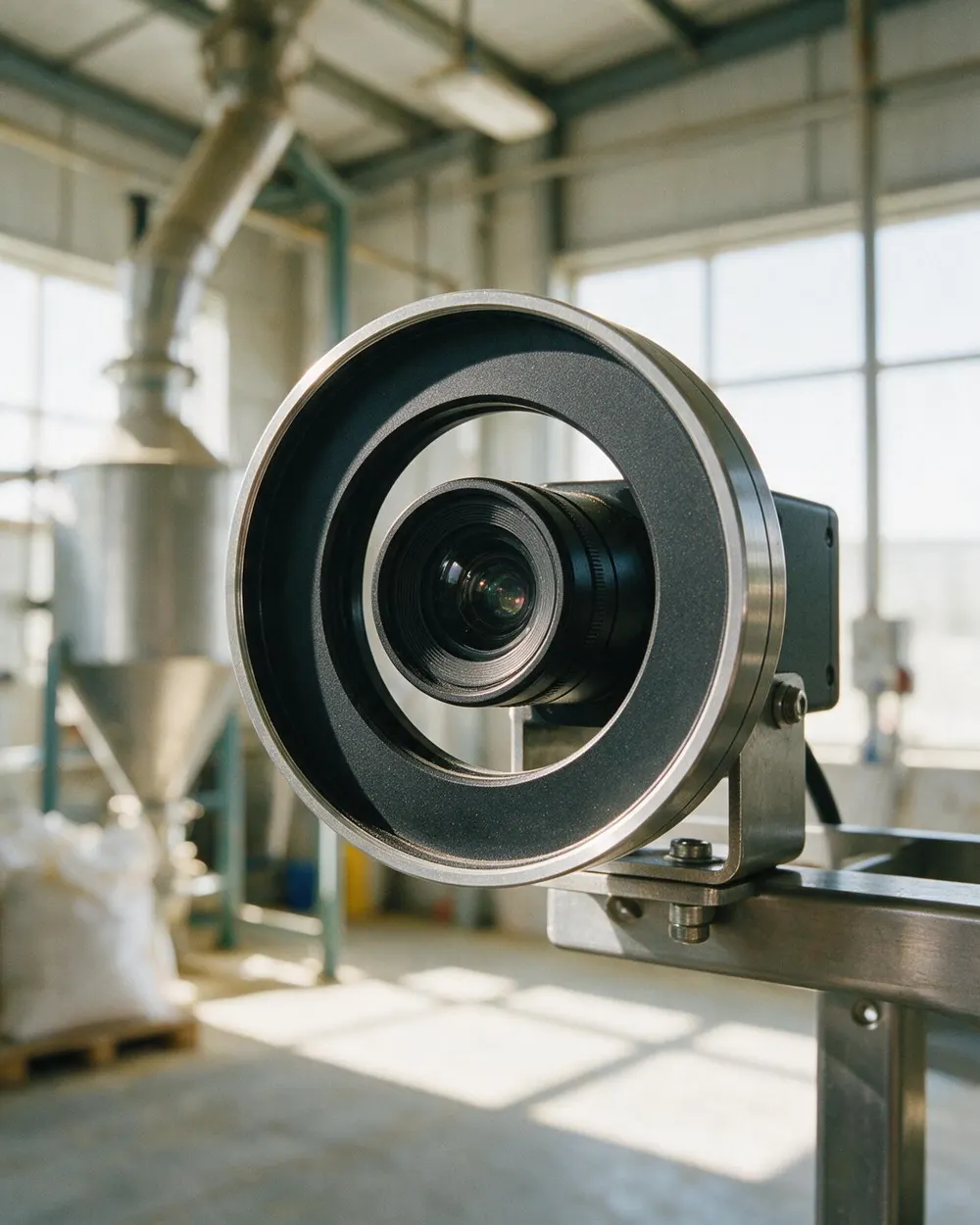 The lens and ring light of an industrial machine-vision camera on a steel bracket in a feed mill