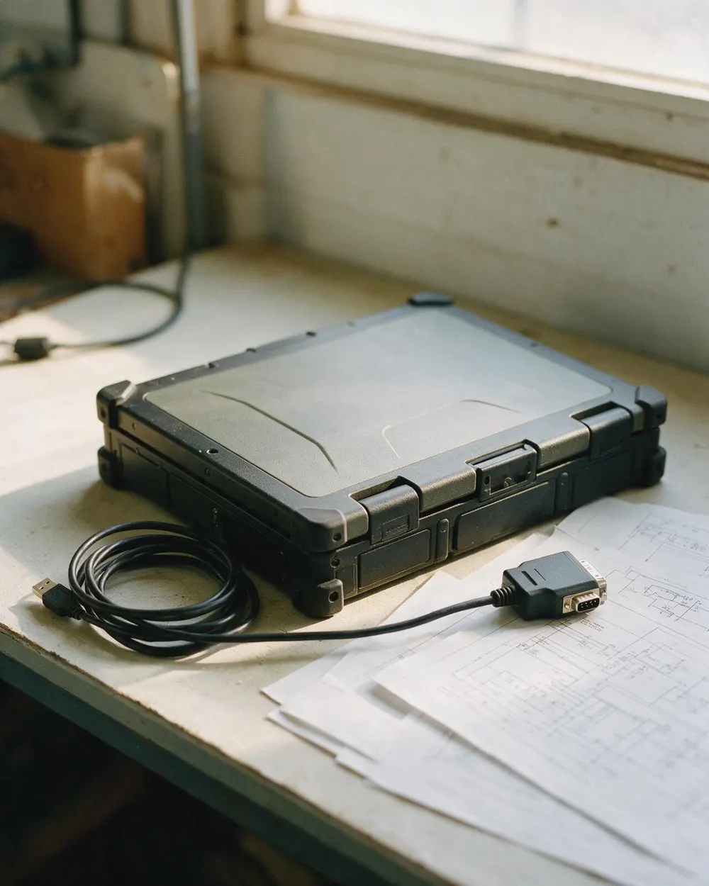 A closed ruggedised laptop with a serial adapter and printed wiring diagrams on a workbench