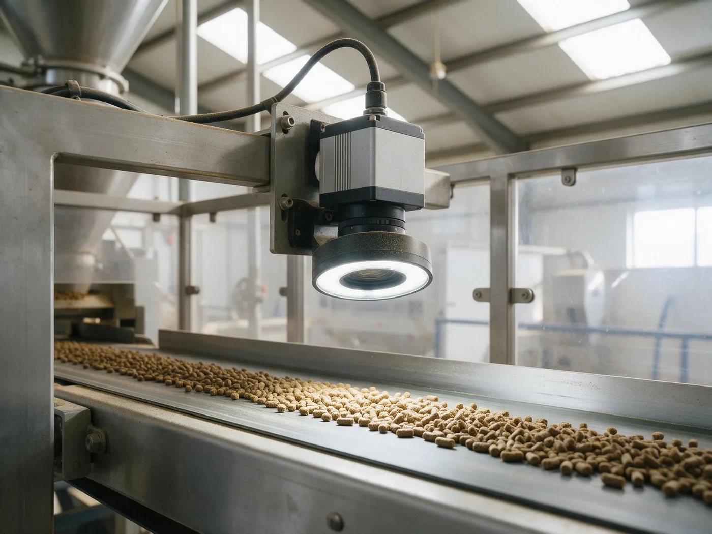 A machine-vision camera with a ring light on a steel bracket above a conveyor of feed pellets